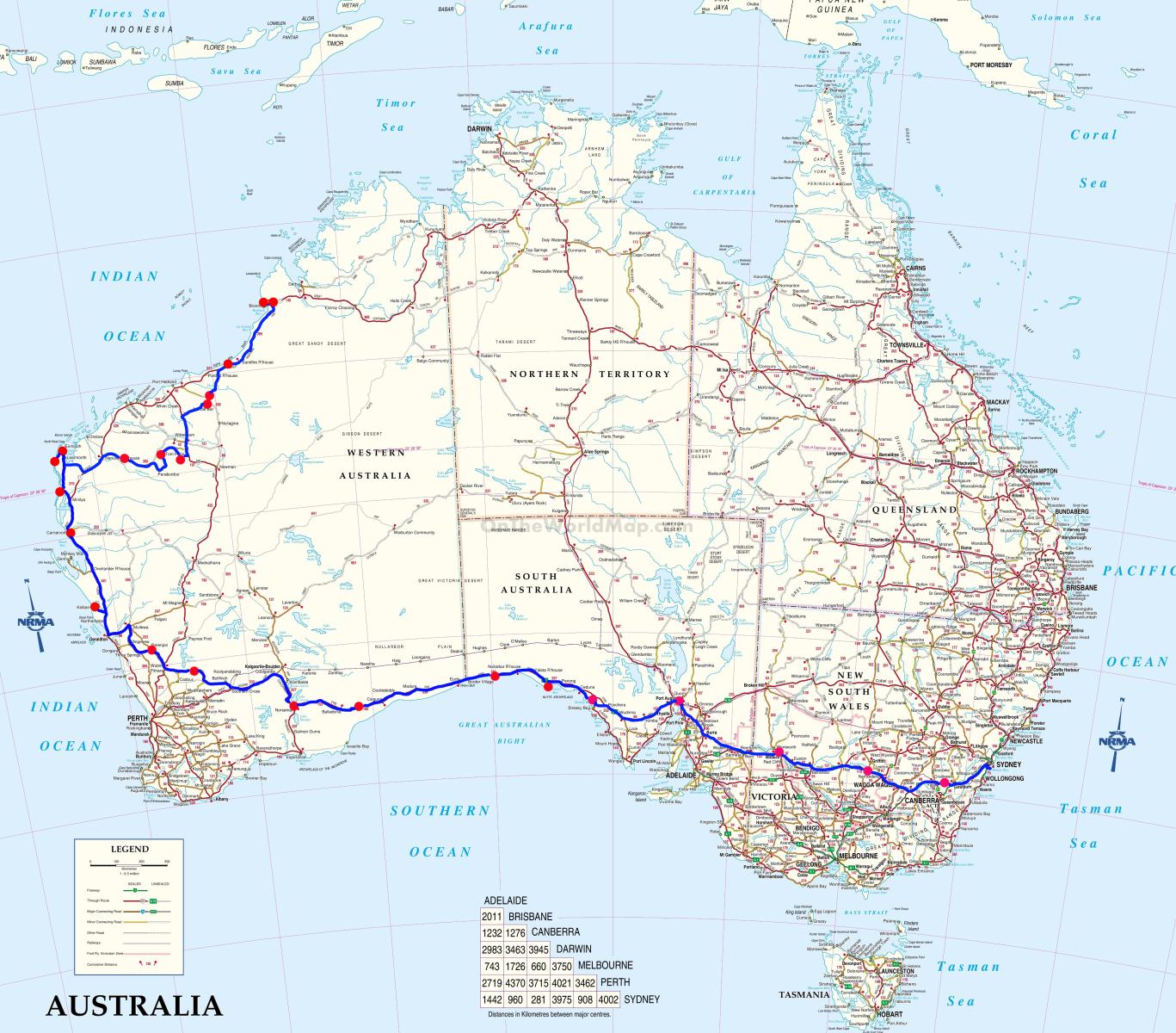 Map showing part of the
              travel route